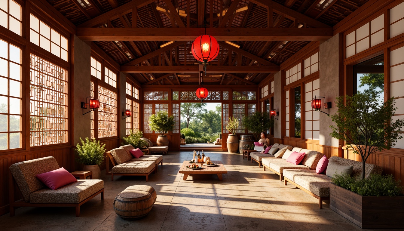 Prompt: Vibrant Asian-inspired winery interior, rich wood accents, traditional Japanese shoji screens, intricate Chinese lattice patterns, bold red lanterns, natural stone flooring, rustic wooden barrels, woven bamboo furniture, luxurious silk fabrics, embroidered velvet drapes, ornate ceramic vases, subtle fragrance of sake, warm golden lighting, shallow depth of field, 1/2 composition, realistic textures, ambient occlusion.