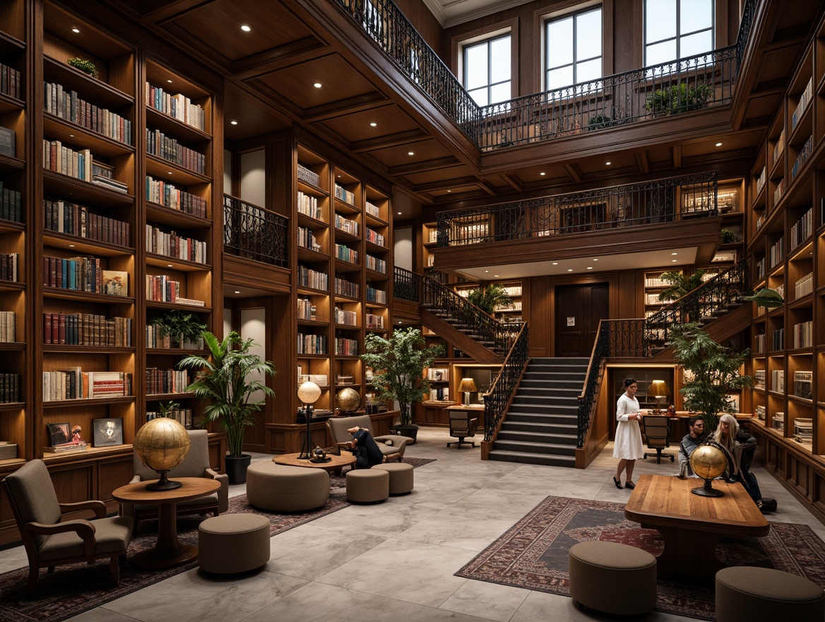 Prompt: Elegant academic library, wooden shelves, rich leather-bound books, vintage globes, ornate metal railings, polished marble floors, tall columns, grand staircase, soft warm lighting, subtle shadows, 1/1 composition, narrow depth of field, realistic textures, ambient occlusion, earthy color palette, comfortable reading nooks, plush armchairs, wooden study tables, potted greenery, sophisticated architectural details.