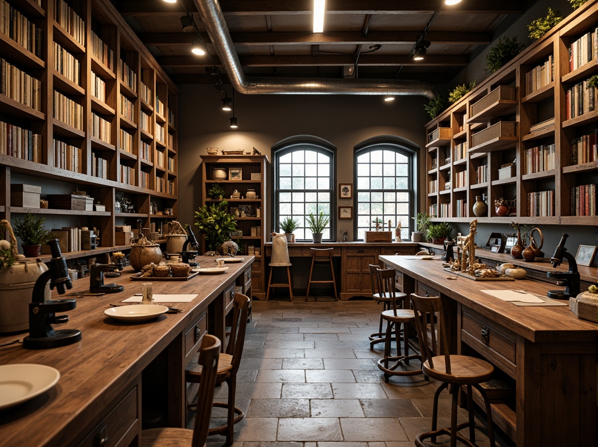 Prompt: Traditional laboratory, wooden workbenches, antique microscopes, vintage scientific instruments, leather-bound books, wooden cabinets, metal shelving units, distressed finishes, earthy color palette, natural stone flooring, warm overhead lighting, softbox lights, 3/4 composition, realistic textures, ambient occlusion.