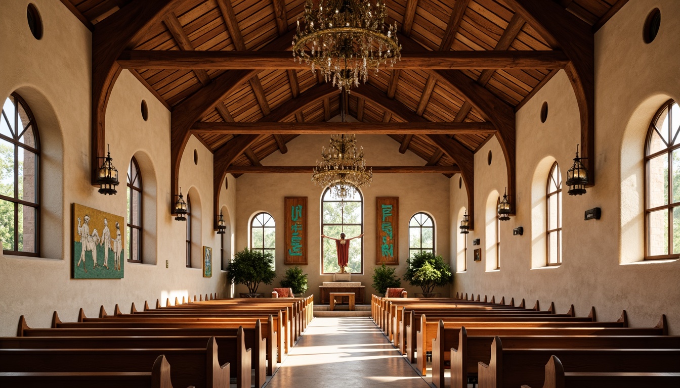 Prompt: \Southwestern church interior, vaulted ceiling, wooden beams, rustic wooden accents, adobe-inspired architecture, earthy color palette, natural light pouring through stained glass windows, ornate metal chandeliers, intricate stone carvings, vibrant turquoise accents, geometric patterns on walls, warm beige tones, soft warm lighting, shallow depth of field, 1/1 composition, realistic textures, ambient occlusion.\