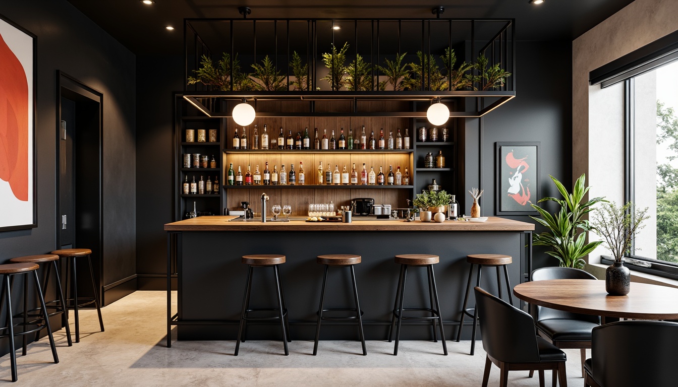 Prompt: Minimalist home bar, sleek metal frames, tubular steel legs, rich walnut wood countertops, geometric patterns, bold color accents, functional simplicity, industrial chic decor, pendant lamps, matte black finishes, leather stools, chrome accents, rectangular shapes, clean lines, 3/4 composition, high contrast lighting, ambient shadows, realistic reflections.