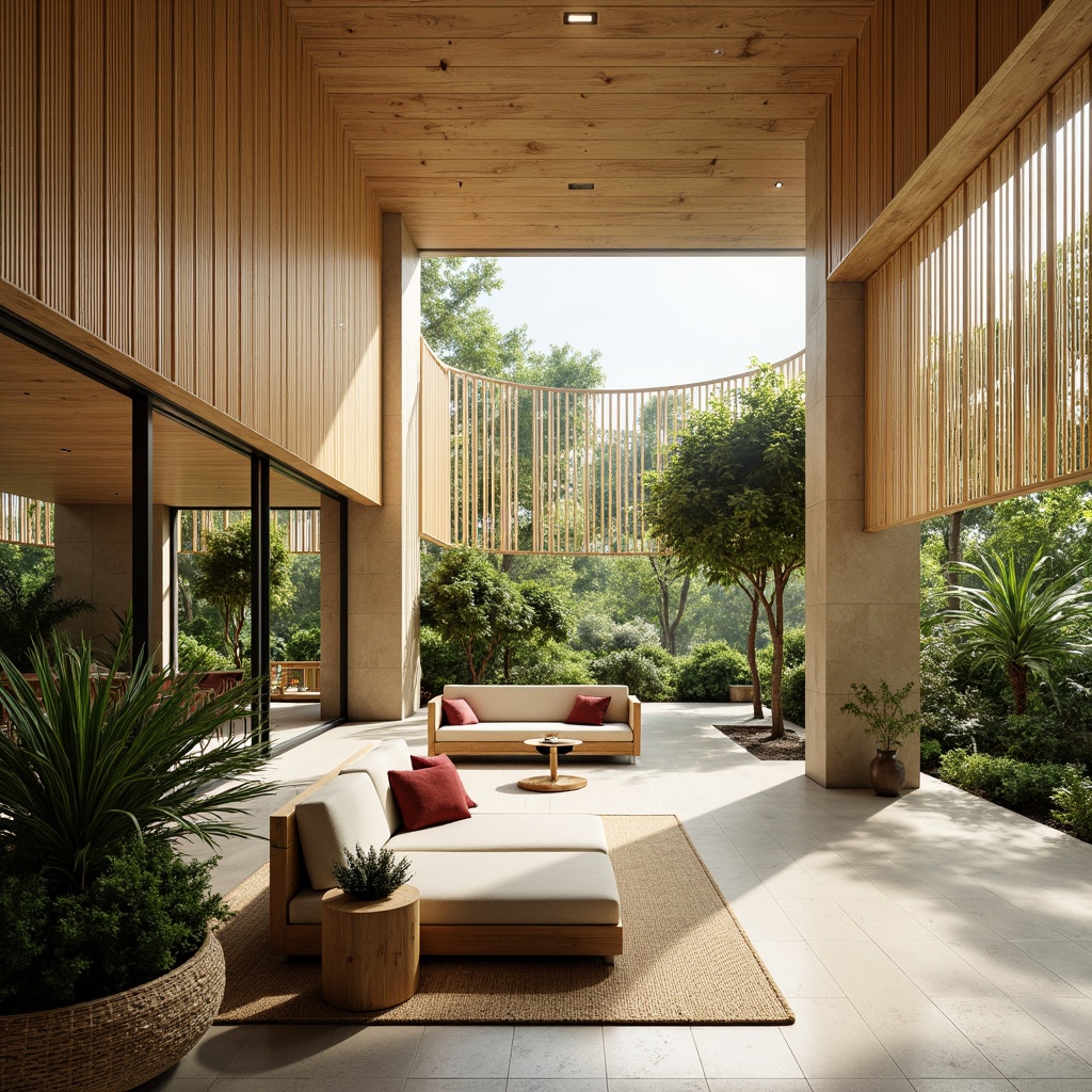 Prompt: Natural bamboo materials, organic curves, minimalist decor, spacious open-plan living areas, high ceilings, large windows, sliding glass doors, seamless transitions, indoor-outdoor connections, lush greenery, tropical plants, natural light, soft warm ambiance, airy atmosphere, 1/1 composition, realistic textures, ambient occlusion, modern simplicity, sustainable eco-friendly design, Asian-inspired accents, subtle wooden tones, woven bamboo furniture, rattan decorations, earthy color palette.