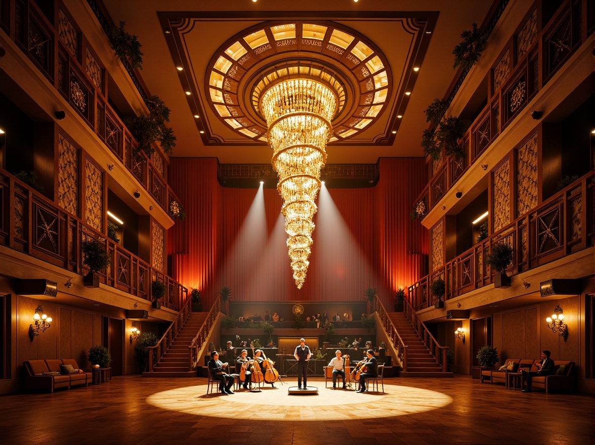 Prompt: Luxurious concert hall, ornate chandeliers, crystal droplets, metallic sconces, geometric patterns, bold color schemes, opulent drapery, lavish furnishings, grand staircases, polished marble floors, rich wood accents, vintage microphones, antique instruments, dramatic spotlights, warm golden lighting, high-contrast shadows, cinematic atmosphere, 1/1 composition, shallow depth of field, realistic reflections.