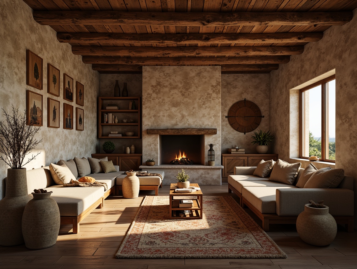 Prompt: Rustic villa interior, natural stone walls, reclaimed wood flooring, earthy color palette, woven textiles, hand-hewn wooden beams, distressed finishes, vintage decorative accents, lantern-style lighting, plush area rugs, velvety upholstered furniture, soft warm glow, subtle ambient shadows, 1/1 composition, intimate atmosphere, realistic materials, detailed normal maps.