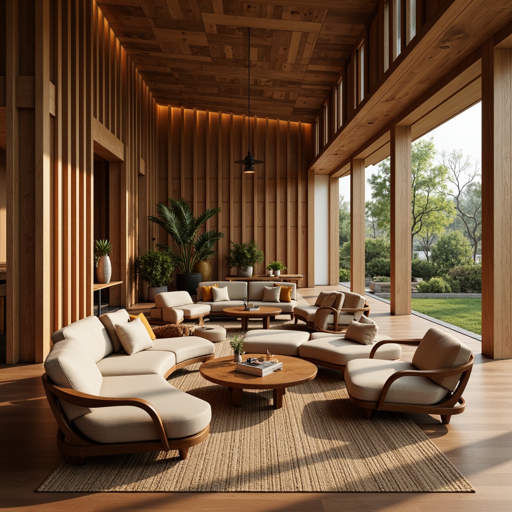 Prompt: Pavilion interior, mid-century modern style, sleek wooden furniture, curved lines, organic shapes, natural materials, woven textiles, rattan accents, vintage decorative lighting, minimalist color palette, earthy tones, warm ambient lighting, shallow depth of field, 1/1 composition, symmetrical framing, realistic wood grain textures, subtle shadows, soft focus effect.