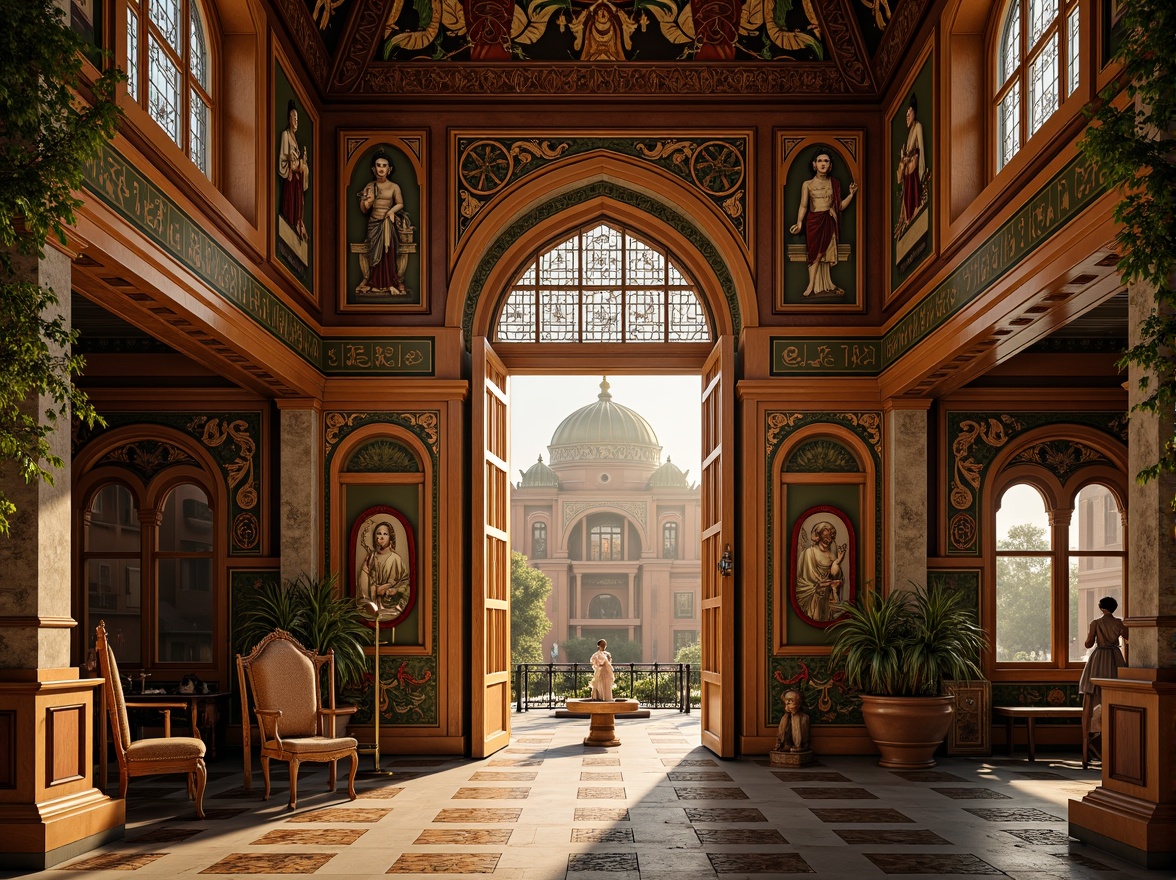 Prompt: Sacred temple, grandiose entrance, ornate doors, vibrant murals, intricate carvings, statues of deities, peaceful ambiance, soft natural light, high ceilings, symmetrical architecture, majestic domes, minarets, arches, pillars, stained glass windows, intricate mosaics, lavish furnishings, prayer halls, meditation rooms, sacred relics, ornate altars, ceremonial objects, solemn atmosphere, warm golden lighting, shallow depth of field, 1/2 composition, realistic textures, ambient occlusion.