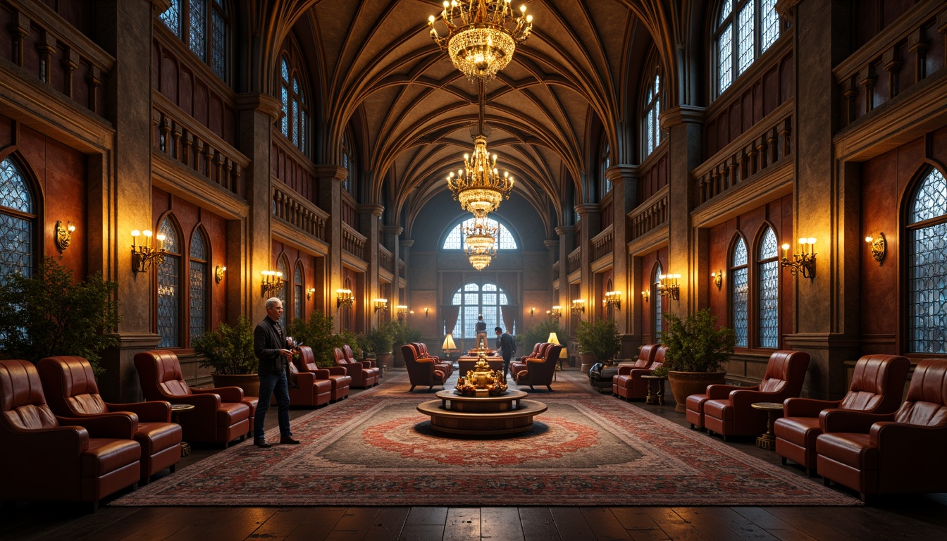 Prompt: Grandiose interior, ornate archways, Gothic style architecture, ribbed vaults, pointed ceilings, stained glass windows, intricate stone carvings, majestic chandeliers, lavish furnishings, rich textiles, dark wood paneling, mysterious ambiance, warm golden lighting, high contrast shadows, dramatic composition, atmospheric rendering.