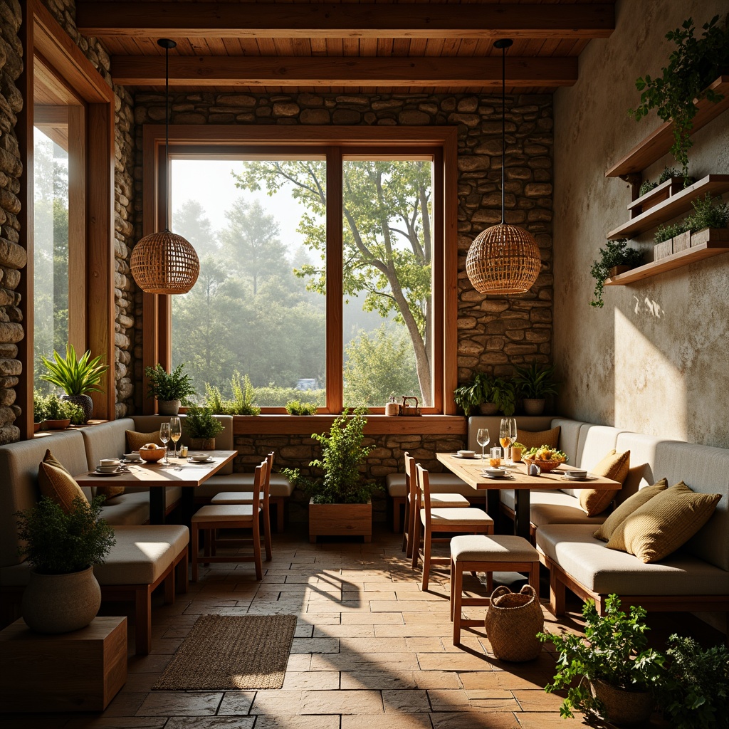 Prompt: Cozy breakfast nook, warm wooden accents, textured stone walls, rustic metal decor, soft cushioned benches, plush throw pillows, natural fiber rugs, woven basket lighting, earthy color palette, inviting ambiance, abundant greenery, morning sunlight, shallow depth of field, 1/2 composition, warm golden lighting, realistic wood grain textures, ambient occlusion.