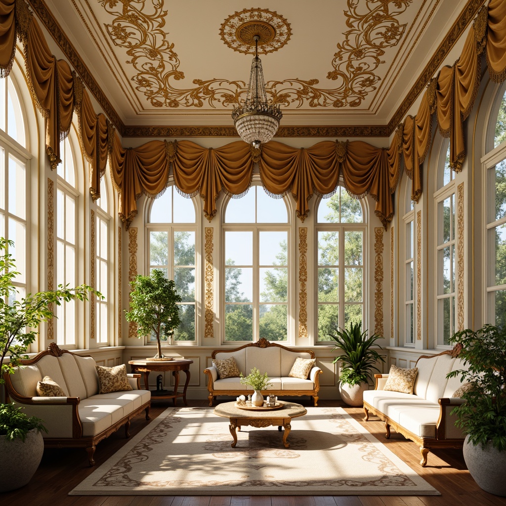 Prompt: Intricate Rococo-style sunroom, ornate gold filigree, delicate floral patterns, soft creamy walls, lavish furnishings, plush velvet sofas, carved wooden accents, crystal chandeliers, luxurious drapes, natural light pouring in, warm sunny day, shallow depth of field, 1/1 composition, realistic textures, ambient occlusion.