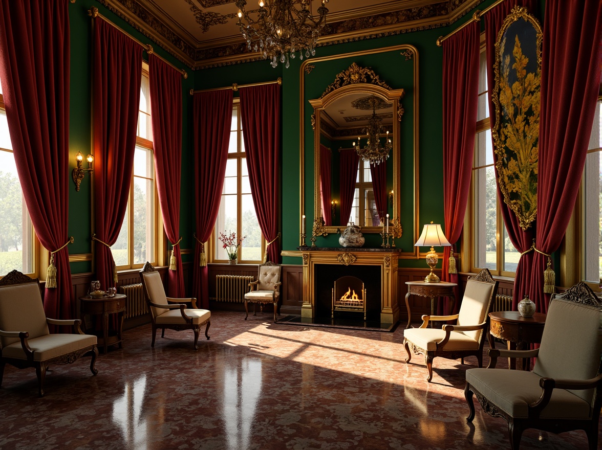 Prompt: Opulent Baroque interior, rich velvet drapes, golden gilded frames, ornate mirrors, lavish furnishings, intricate carvings, dark wood paneling, marble floors, jewel-toned color palette, emerald green walls, crimson red accents, amber yellow highlights, soft cream textures, warm candlelight, dramatic chiaroscuro, 1/1 composition, atmospheric perspective, realistic reflections.