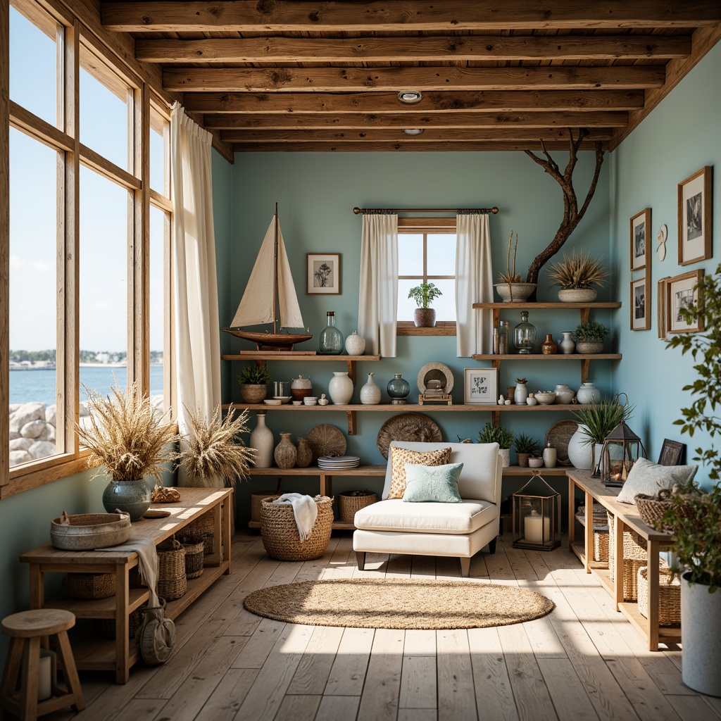 Prompt: Cozy coastal craft room, driftwood accents, nautical ropes, distressed wooden shelves, vintage sailboat models, woven sea grass baskets, coral-inspired decorative objects, soft ocean breeze, natural light pouring in, sheer white curtains, weathered wood flooring, rustic metal lanterns, ocean-blue walls, seashell-adorned vases, woven jute rugs, relaxed beachy vibe, warm golden lighting, shallow depth of field, 1/2 composition, intimate atmosphere.