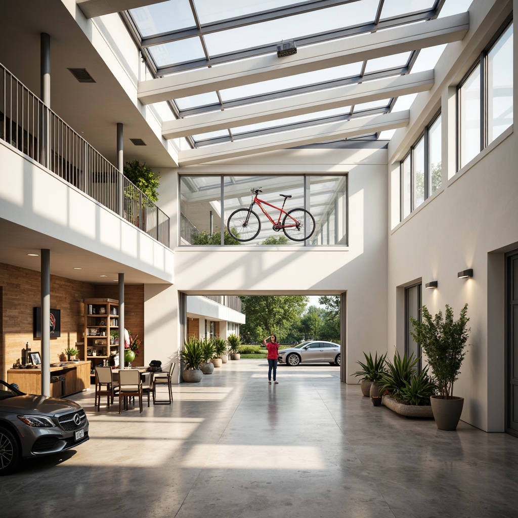 Prompt: Well-lit garage interior, abundant natural light, skylights, clerestory windows, transparent roof panels, reflective white walls, polished concrete floors, metallic accents, sleek modern lines, minimalist decor, organized tool storage, suspended bicycle racks, industrial-style pendant lights, warm beige tones, soft diffused lighting, 1/1 composition, shallow depth of field, realistic textures, ambient occlusion.