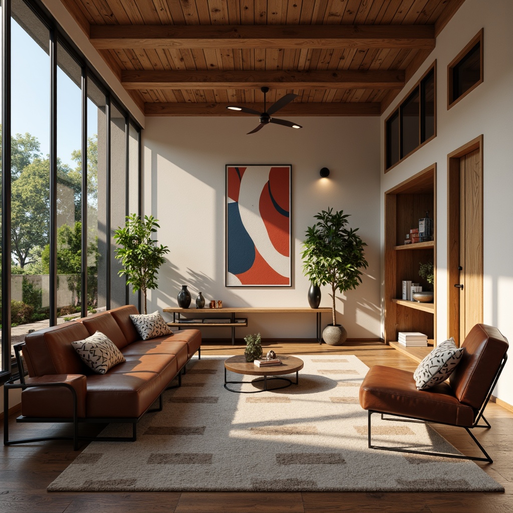 Prompt: Modernist living room, minimalist decor, geometric shapes, bold color accents, functional furniture, tubular steel frames, leather upholstery, sleek wooden surfaces, industrial lighting fixtures, abstract artwork, graphic patterns, 2D composition, shallow depth of field, warm softbox lighting, realistic textures, ambient occlusion, Bauhaus-inspired typography, avant-garde accessories.