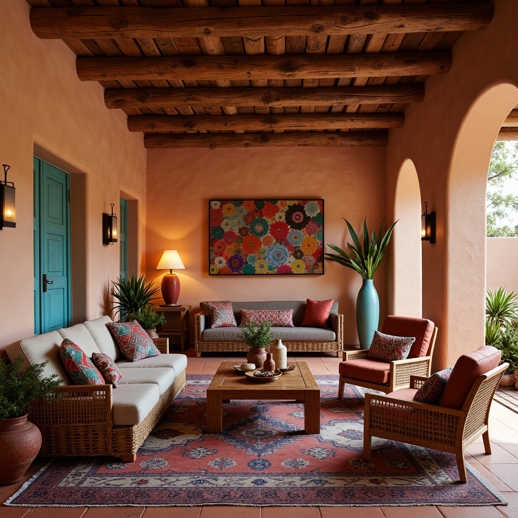 Prompt: Earthy-toned adobe walls, rustic wooden beams, vibrant turquoise accents, plush area rugs, woven basket furniture, natural fiber upholstery, distressed leather armchairs, hand-carved wooden tables, colorful pottery vases, geometric patterned textiles, woven rattan lighting fixtures, warm terracotta flooring, desert botanicals, cacti plants, Southwestern-inspired artwork, bold red and orange hues, cozy candlelit ambiance, soft warm lighting, shallow depth of field, 1/1 composition.