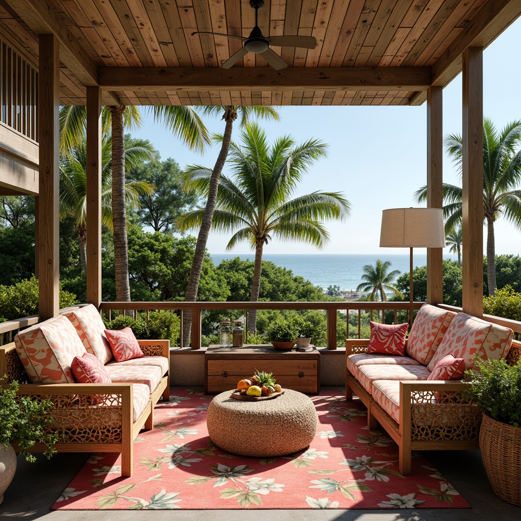 Prompt: Vibrant tropical prints, exotic floral patterns, lush greenery, palm tree silhouettes, bright coral colors, natural fibers, woven rattan furniture, distressed wood accents, coastal driftwood decorations, sunny day, soft warm lighting, shallow depth of field, 3/4 composition, panoramic view, realistic textures, ambient occlusion.