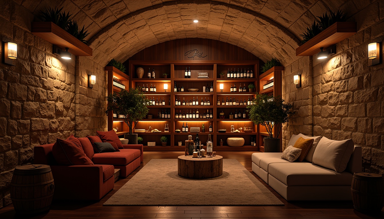 Prompt: Cozy wine cellar, rustic wooden shelves, dimly lit atmosphere, earthy color palette, rich burgundy reds, deep berry tones, warm golden yellows, soft cream whites, natural stone walls, wooden barrels, vintage wine bottles, intimate seating area, low-hanging lanterns, soft warm lighting, shallow depth of field, 2/3 composition, realistic textures, ambient occlusion.