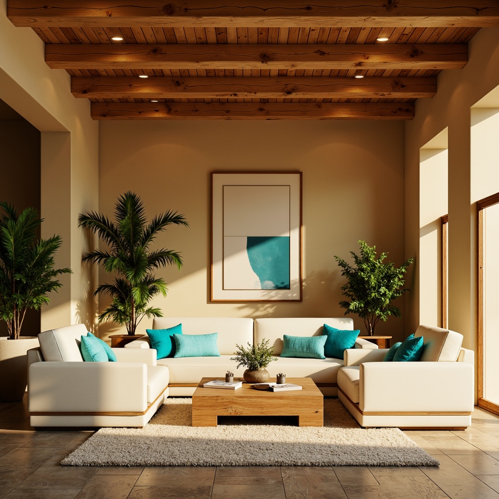 Prompt: Vibrant living room, warm beige walls, rich wood accents, soft cream furniture, bold turquoise decorative pillows, lush greenery, natural stone flooring, modern minimalist decor, cozy atmosphere, warm golden lighting, shallow depth of field, 1/1 composition, realistic textures, ambient occlusion.