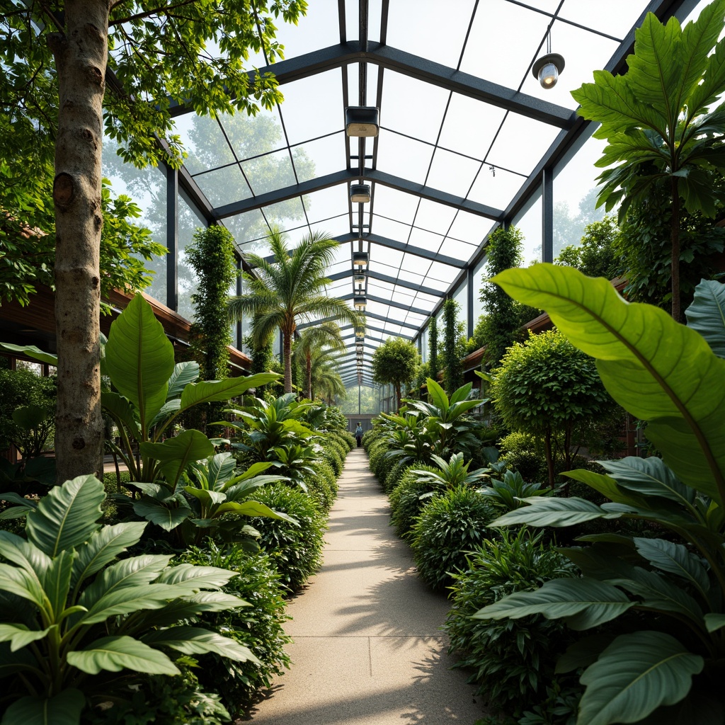 Prompt: Greenhouse interior, lush foliage, tropical plants, optimal temperature, high humidity, automated irrigation systems, advanced ventilation technology, air circulation fans, misting systems, natural light, supplemental LED grow lights, trellis structures, climbing plants, hanging baskets, soil moisture sensors, climate control systems, insulated glazing, reflective roofing materials, abundant oxygen supply, CO2 enrichment, 1/1 composition, shallow depth of field, soft warm lighting.