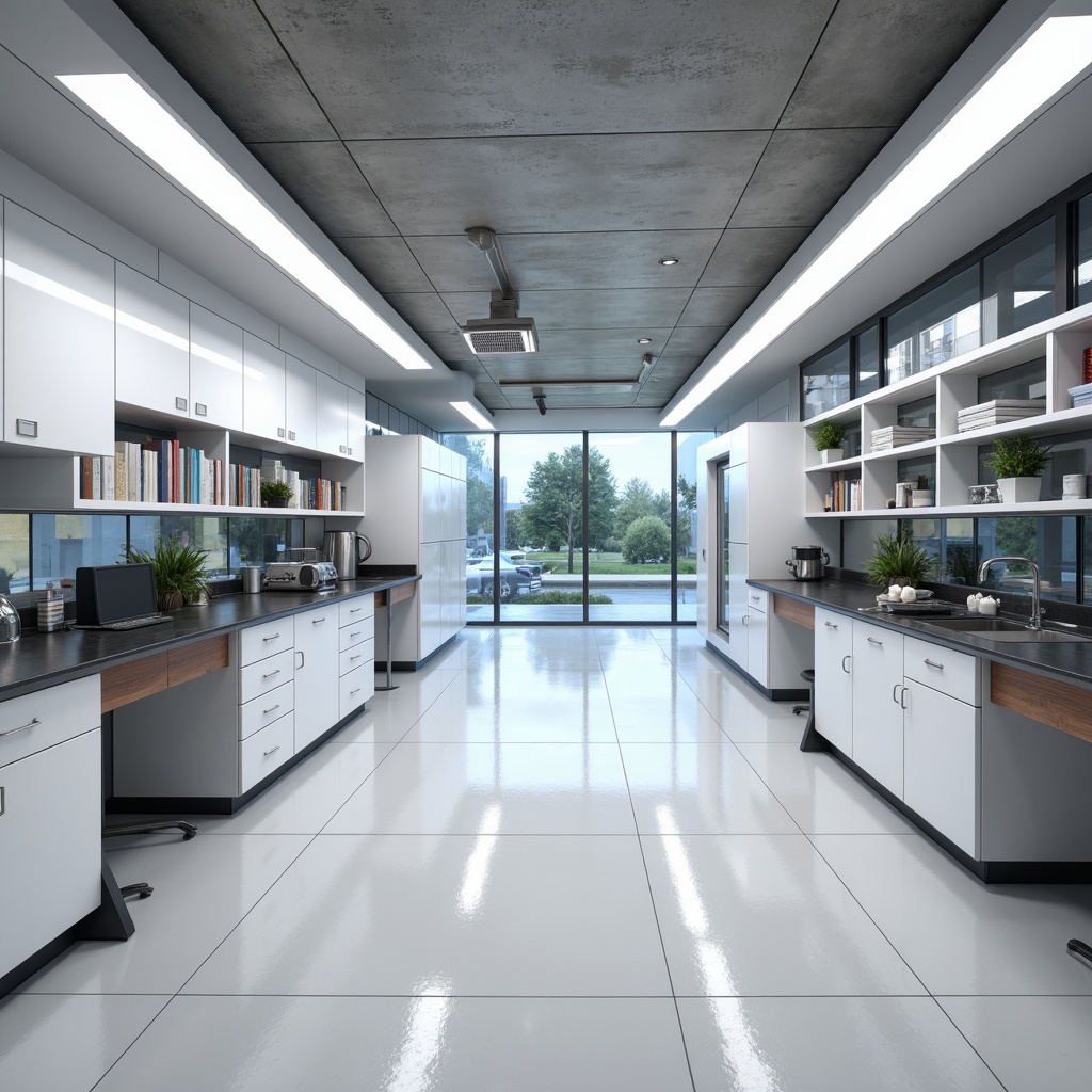 Prompt: Modern laboratory interior, sleek epoxy flooring, glossy ceramic tiles, clean white walls, minimalistic decor, functional shelving units, stainless steel countertops, high-gloss cabinetry, ambient LED lighting, subtle color scheme, industrial-chic aesthetic, textured concrete accents, metallic trim details, modular furniture systems, flexible workspaces, collaborative research environments, state-of-the-art equipment integration, futuristic ambiance, softbox lighting, 1/2 composition, realistic reflections.