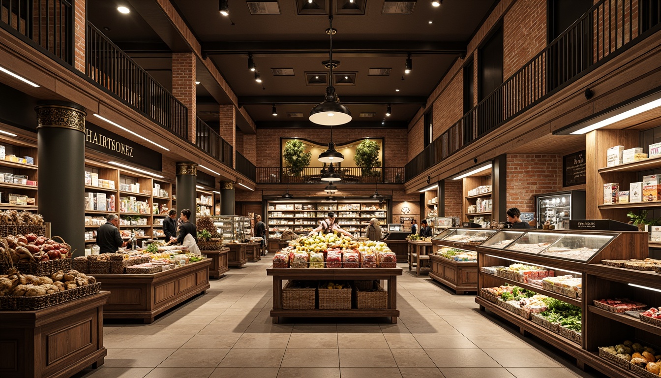 Prompt: Elegant grocery store interior, ornate wooden shelves, vintage metal racks, distressed brick walls, classic signage, warm pendant lighting, earthy tone color scheme, ceramic tile flooring, traditional column displays, decorative cornices, refined product arrangements, luxurious glass cases, intricate wood carvings, subtle textures, 1/2 composition, softbox lighting, realistic reflections.