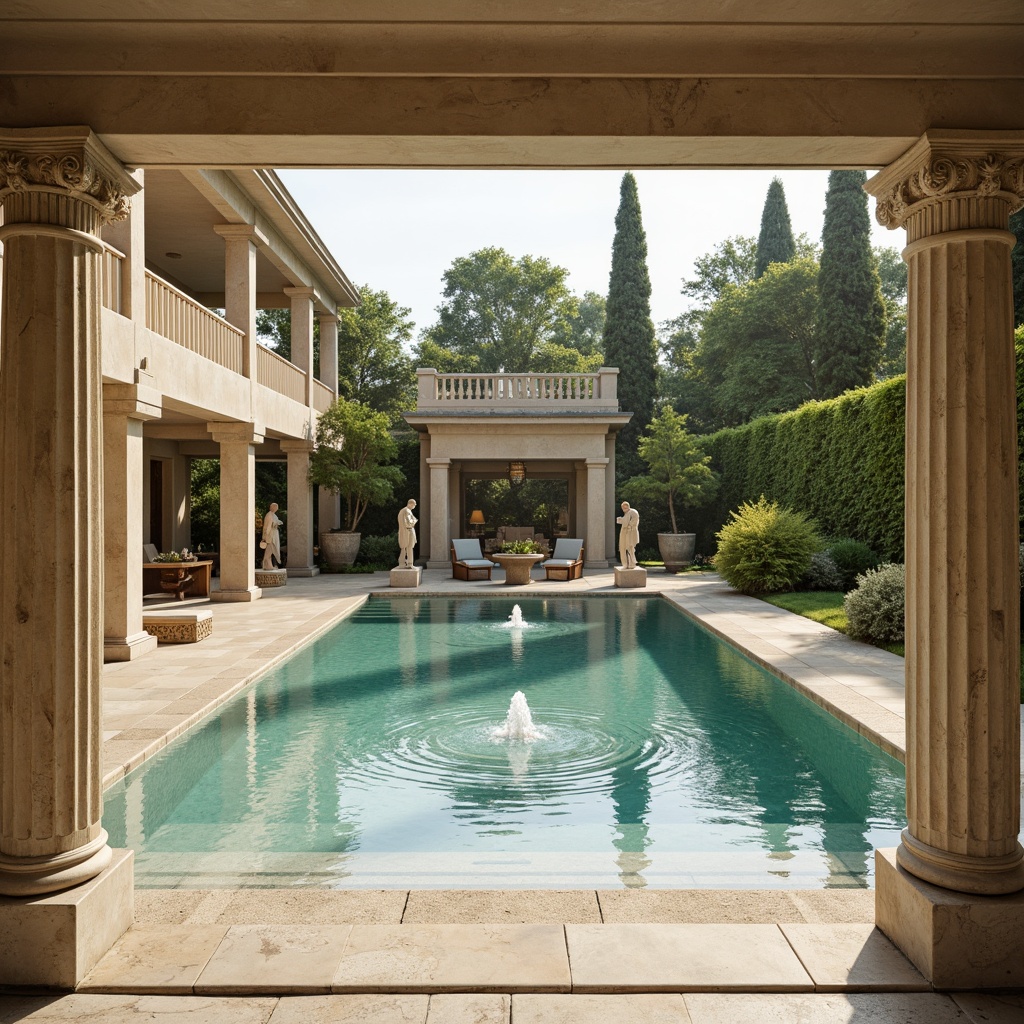 Prompt: Grandiose swimming pool, ornate columns, carved stone statues, symmetrical architecture, cream-colored marble flooring, turquoise water, gentle ripples, subtle lighting, classical urns, ornamental fountains, lush greenery, surrounding gardens, serene atmosphere, warm sunlight, soft focus, shallow depth of field, 1/1 composition, realistic textures, ambient occlusion.