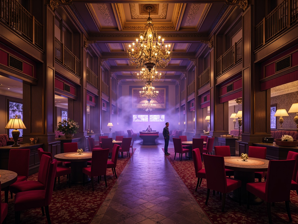 Prompt: Dark, mysterious casino atmosphere, lavish furnishings, ornate Gothic details, rich velvety textures, deep red and gold accents, luxurious marble floors, intricate stone carvings, grandiose chandeliers, mystical purple hues, eerie fog effects, warm golden lighting, cinematic shadows, 3/4 composition, atmospheric perspective, realistic reflections, subtle ambient occlusion.