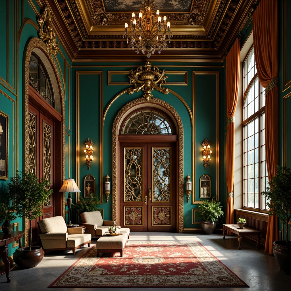 Prompt: Opulent mansion, grandiose entrance, intricately carved wooden doors, ornate metalwork, sinuous lines, flowing curves, botanical motifs, whiplash tendrils, stained glass windows, vibrant turquoise, emerald green, golden accents, luxurious velvet drapes, richly patterned rugs, elegant chandeliers, soft warm lighting, dramatic shadows, 1/1 composition, close-up shot, realistic textures, ambient occlusion.