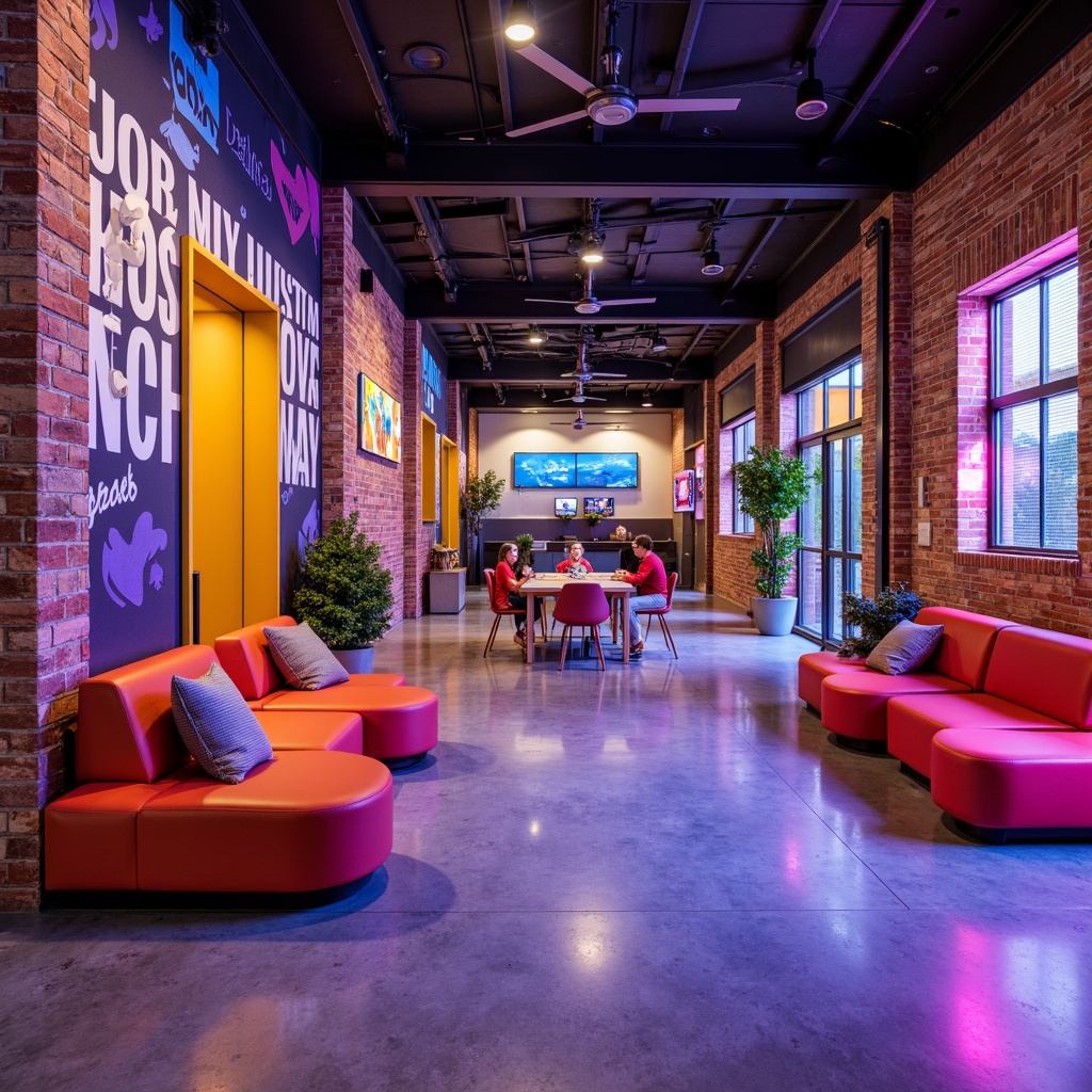 Prompt: Vibrant youth center, playful color scheme, energetic hues, bold typography, modern architecture, industrial chic design, exposed brick walls, polished concrete floors, neon-lit corridors, graffiti-inspired murals, eclectic furniture arrangement, cozy reading nooks, collaborative workspaces, state-of-the-art technology integration, flexible seating areas, dynamic lighting systems, warm ambient glow, youthful energy atmosphere, urban loft vibe, creative freedom expression.