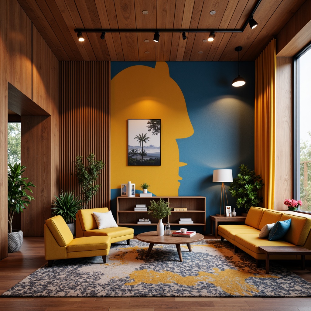 Prompt: Vibrant accent walls, bold geometric patterns, rich wood tones, metallic finishes, pops of bright color, modern interior design, sleek furniture pieces, statement lighting fixtures, textured rugs, abstract artwork, eclectic decorative accents, warm ambient lighting, shallow depth of field, 1/1 composition, realistic renderings, subtle shadows.