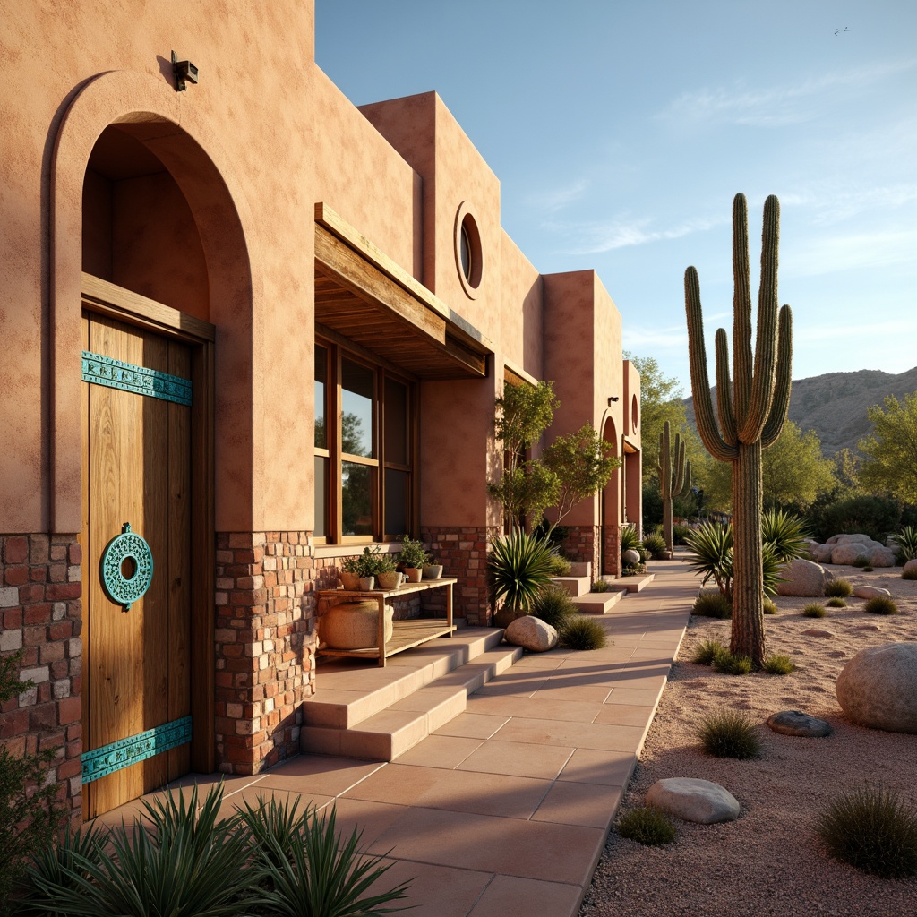 Prompt: Adobe earth tones, weathered stucco walls, rustic wooden accents, vibrant turquoise ornaments, geometric patterns, intricate tile work, arched windows, ornate metal details, warm golden lighting, soft shadows, atmospheric misting, 1/2 composition, realistic textures, ambient occlusion, serene desert landscape, majestic saguaro cacti, sandy dunes, clear blue sky, hot sunny day.Please let me know if this meets your requirements!