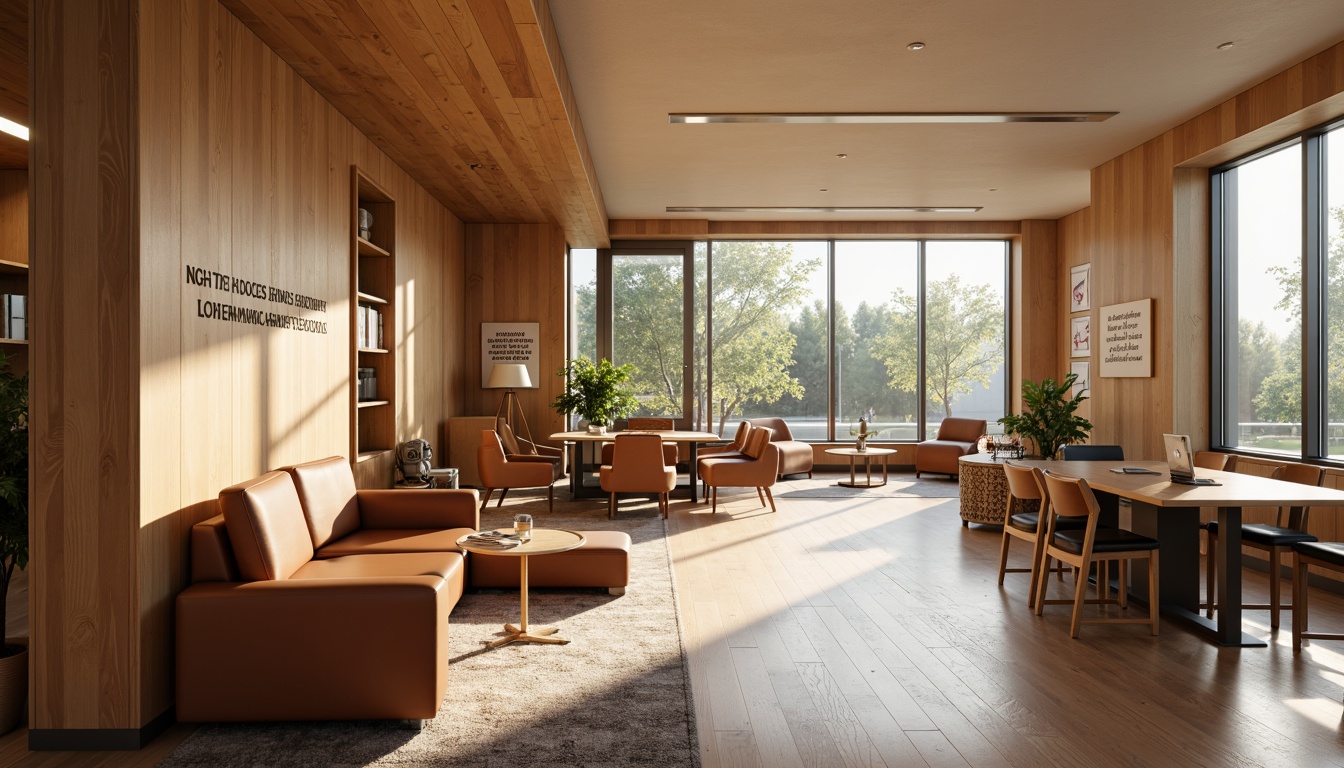 Prompt: Warm beige walls, rich wood accents, polished hardwood floors, comfortable leather furniture, sleek metal fixtures, modern minimalist decor, abundant natural light, floor-to-ceiling windows, cozy reading nooks, collaborative workspaces, educational displays, inspirational quotes, soft warm lighting, subtle texture variations, 3/4 composition, realistic reflections, ambient occlusion.