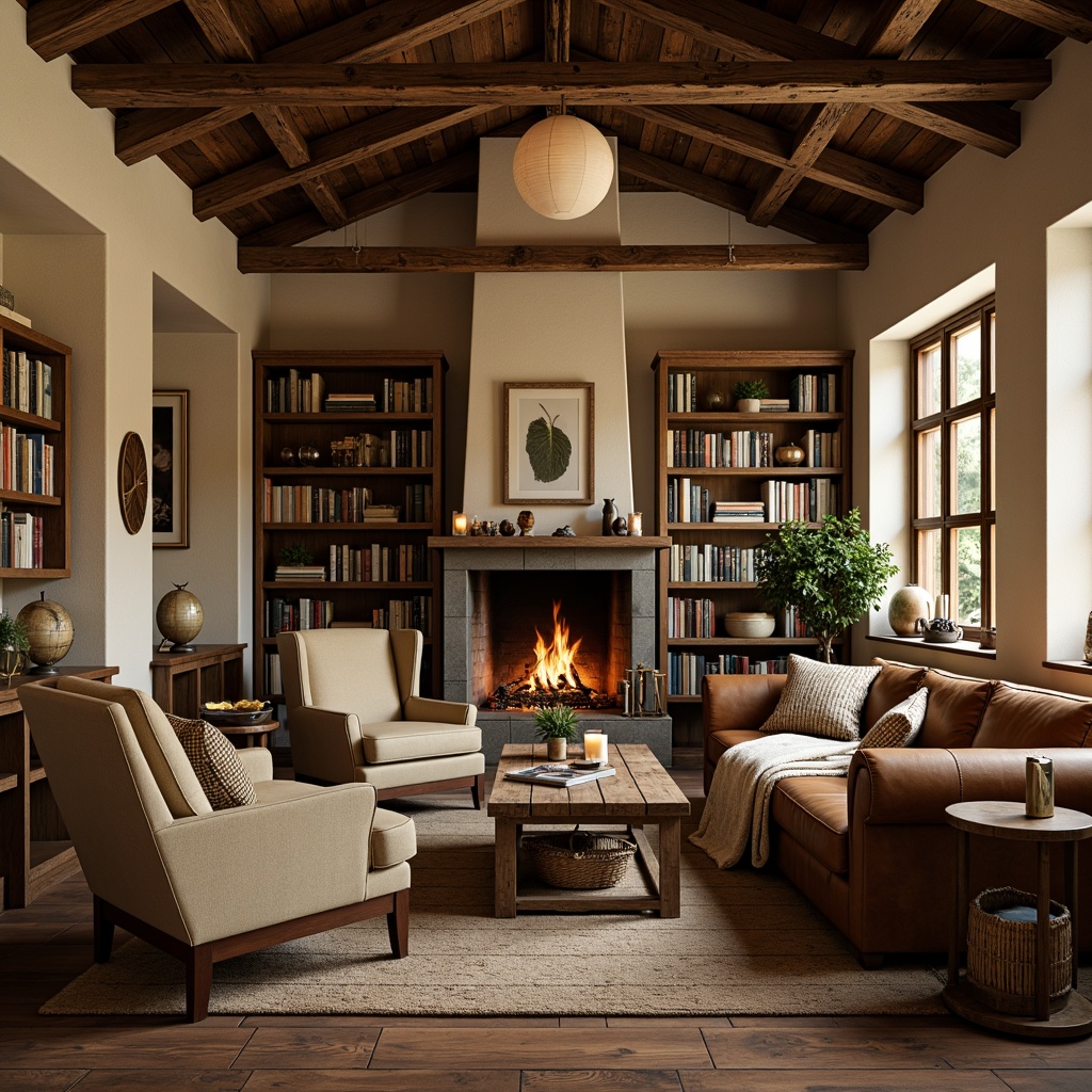 Prompt: Rustic farmhouse library, plush armchairs, vintage wooden bookshelves, distressed leather sofas, reclaimed wood coffee tables, woven wicker baskets, soft candlelight, warm beige walls, rich oak flooring, comfortable reading nooks, classic novels, antique globes, vintage maps, earthy color palette, cozy throw blankets, natural stone fireplace, crackling fire sounds, 1/2 composition, warm golden lighting, realistic textures.