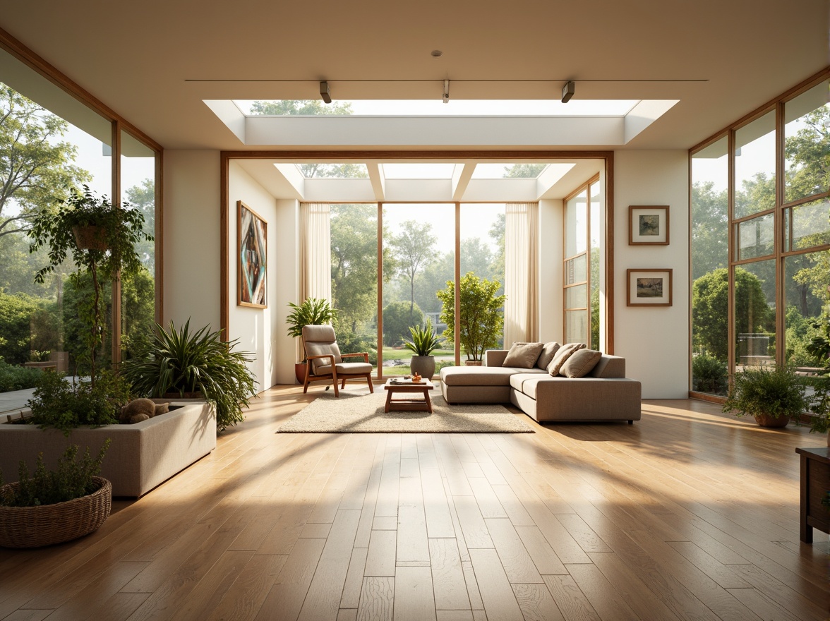 Prompt: Bright airy interior, large windows, sliding glass doors, minimal window frames, sheer curtains, soft diffused light, warm beige walls, polished wooden floors, reflective surfaces, modern minimalist decor, natural textiles, earthy color palette, abundant greenery, potted plants, hanging planters, skylights, clerestory windows, open floor plan, spacious living areas, cozy reading nooks, ambient lighting, soft shadows, 1/1 composition, realistic rendering.