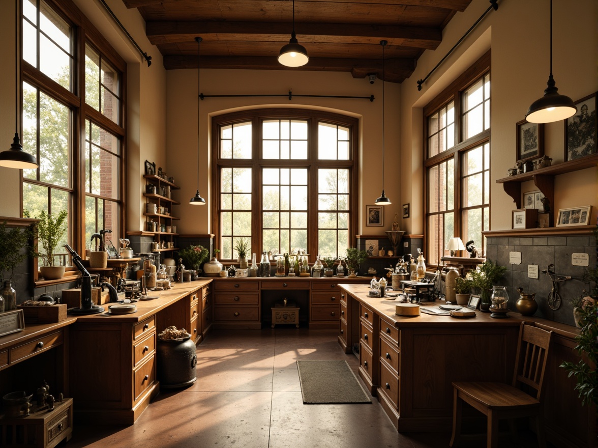 Prompt: Traditional laboratory, warm beige walls, wooden cabinets, antique scientific instruments, vintage microscopes, nostalgic atmosphere, soft warm lighting, pendant lamps, metal shades, frosted glass diffusers, subtle ambient glow, natural daylight, large windows, minimal shadows, 3/4 composition, realistic textures, ambient occlusion.