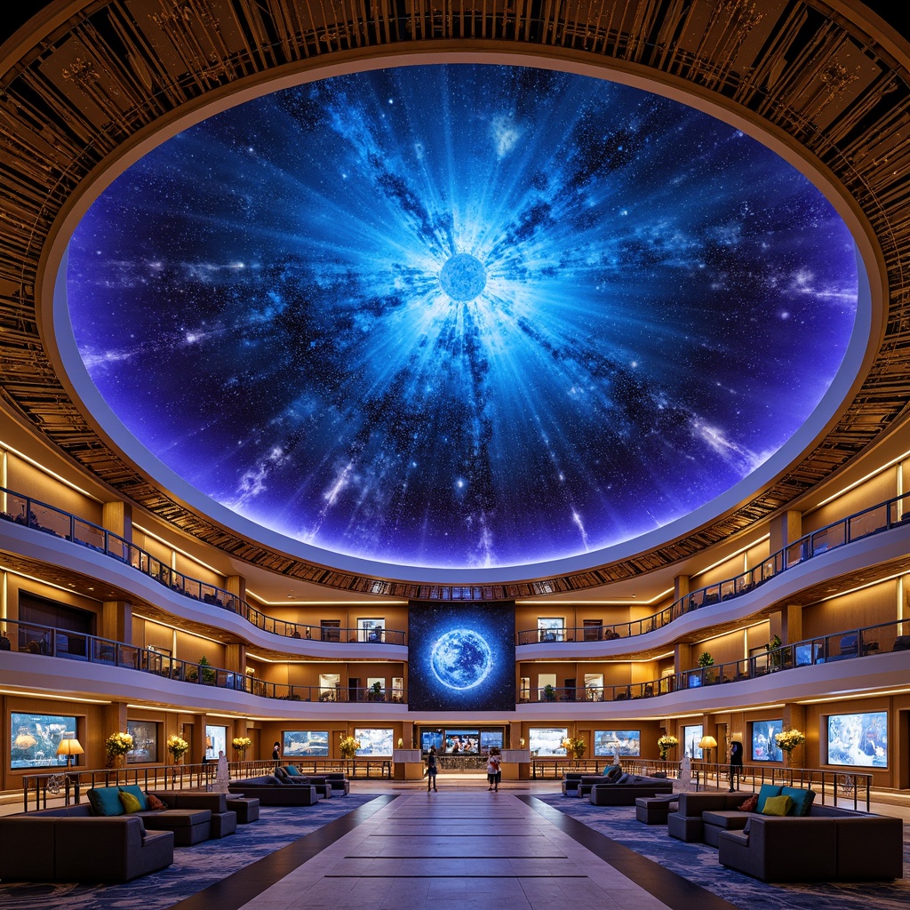 Prompt: Celestial-themed planetarium, ornate golden accents, intricate star patterned ceiling, majestic dome-shaped architecture, vibrant blue and purple hues, twinkling LED lights, futuristic seating arrangements, immersive audio systems, interactive exhibit displays, informative digital signage, polished marble flooring, ornate railings, dramatic uplighting, high-contrast lighting effects, 1/2 composition, cinematic camera angles, realistic textures, advanced shading techniques.