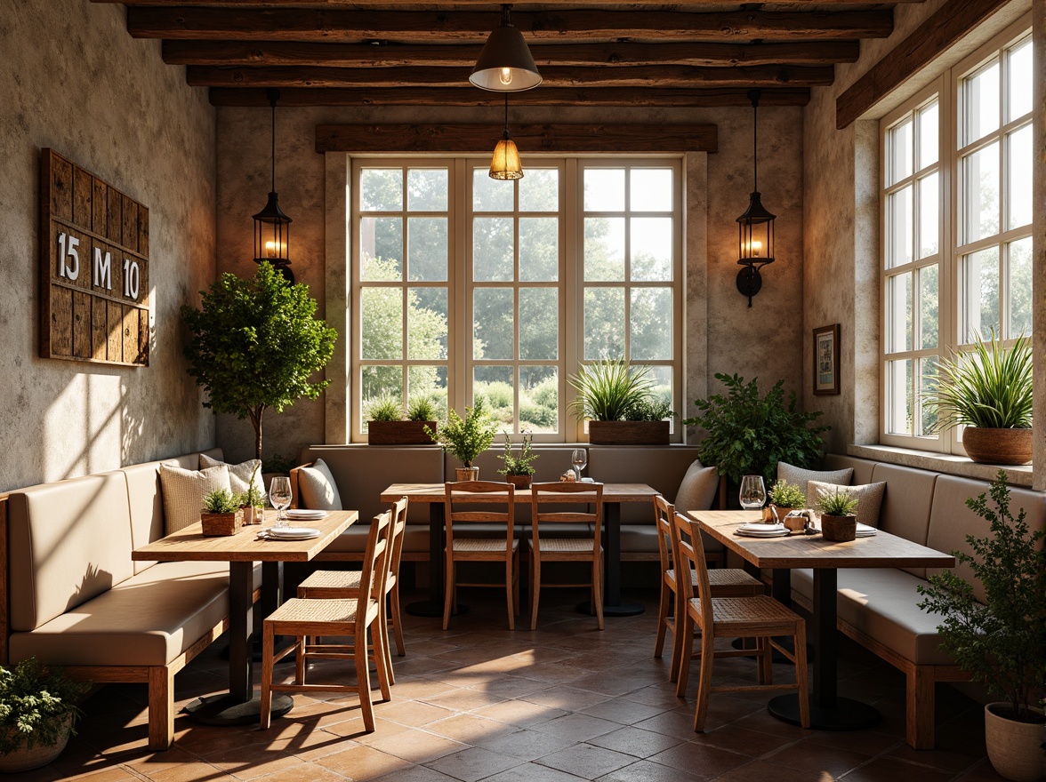 Prompt: Cozy breakfast nook, rustic wooden tables, plush cushions, soft warm lighting, natural stone walls, vintage metal decorations, distressed wood accents, earthy color palette, farmhouse-style chairs, woven wicker baskets, potted greenery, large windows, sunny morning, gentle shadows, 1/2 composition, intimate atmosphere, realistic textures, subtle ambient occlusion.