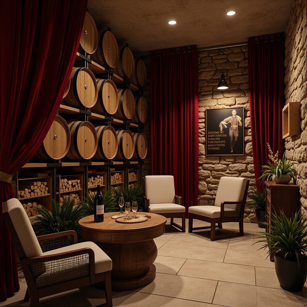 Prompt: \Rich wine cellar, earthy stone walls, rustic wooden barrels, dim warm lighting, intimate atmosphere, luxurious velvet drapes, dark wood furniture, ornate metal accents, crimson red wine bottles, golden champagne flutes, soft beige flooring, ambient candlelight, subtle shadows, 1/2 composition, moody color tone, realistic textures, depth of field.\