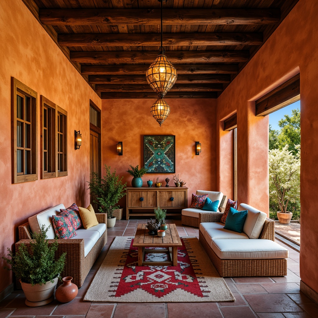 Prompt: Vibrant Southwestern-inspired interior, warm adobe walls, rustic wooden beams, colorful Native American patterns, bold turquoise accents, stunning lighting fixtures, intricate wrought iron chandeliers, pendant lamps with natural linen shades, earthy terracotta pottery, woven wicker furniture, plush tribal-print throw pillows, soft warm glow, dramatic shadows, 1/1 composition, shallow depth of field, warm golden hour, cozy ambiance.