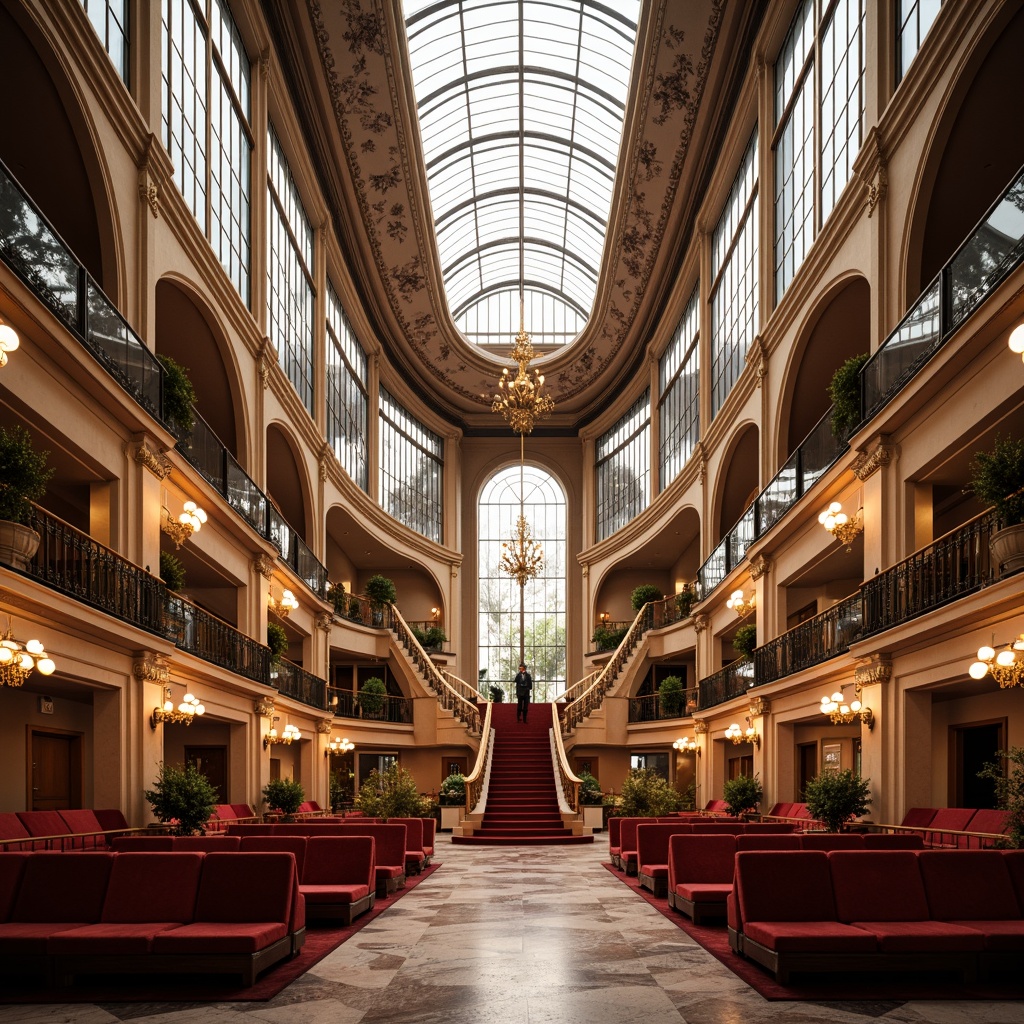 Prompt: Elegant opera house interior, grand staircase, sweeping curves, ornate chandeliers, luxurious red velvet seating, gilded accents, intricate moldings, majestic archways, expansive glass ceilings, crystal-clear glass walls, transparent glass floors, reflective glass surfaces, subtle natural light, warm golden lighting, shallow depth of field, 1/2 composition, symmetrical framing, realistic textures, ambient occlusion.