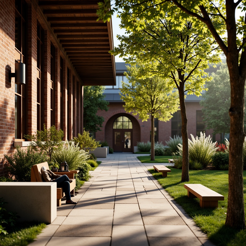 Prompt: Rustic university campus, distressed brick walls, reclaimed wood accents, earthy color palette, natural stone flooring, vintage metal lanterns, wooden benches, lush greenery, overhanging trees, warm afternoon sunlight, soft warm lighting, shallow depth of field, 3/4 composition, realistic textures, ambient occlusion.