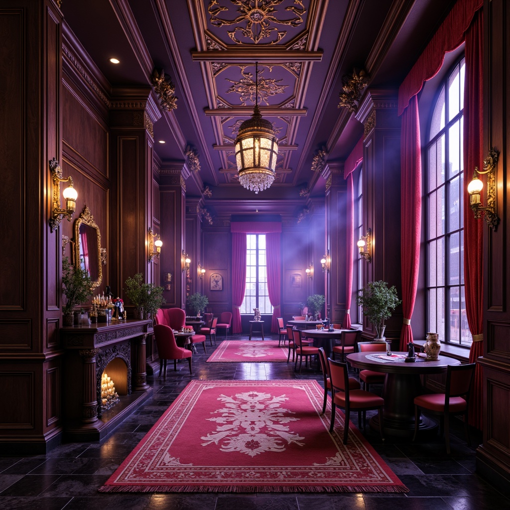 Prompt: Dark luxury casino, rich velvety carpets, ornate gold accents, lavish purple tones, mysterious dim lighting, high ceilings, grand chandeliers, intricate stone flooring, polished black marble, luxurious cream rugs, elegant wood panels, sophisticated parquet patterns, vintage-inspired tiles, mystical symbol motifs, eerie fog effects, dramatic spotlights, opulent furnishings, regal red velvet drapes, aristocratic Gothic architecture.