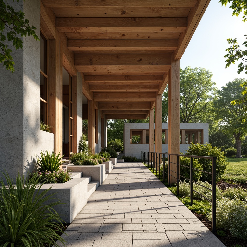 Prompt: Pavilion entrance, mid-century modern architecture, wooden accents, textured concrete walls, natural stone floors, sleek metal railings, minimalist decor, abundant greenery, lush foliage, vibrant flowers, warm sunny day, soft diffused lighting, 1/1 composition, shallow depth of field, realistic textures, ambient occlusion.