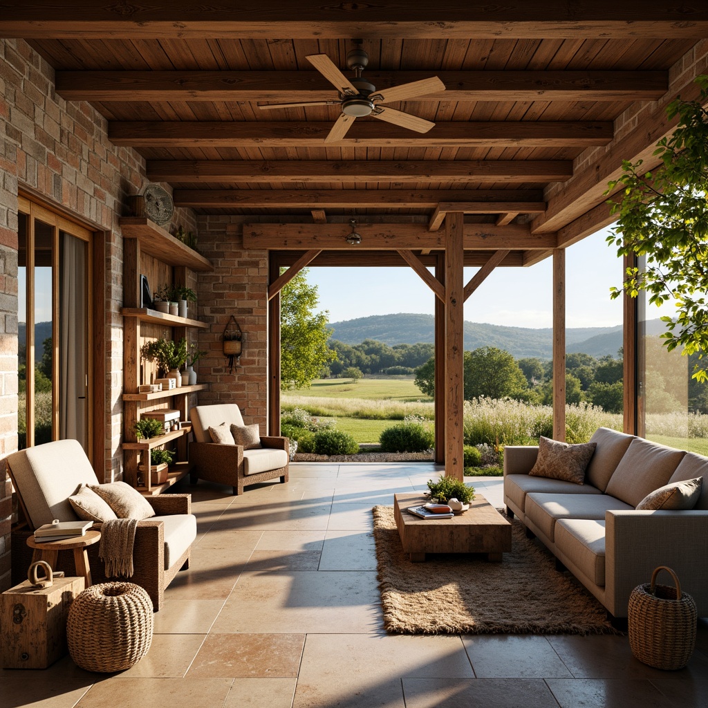 Prompt: Rustic farmhouse, open layout, wooden beams, exposed brick walls, natural stone flooring, earthy color palette, vintage farm tools, distressed wood accents, cozy reading nooks, plush throw blankets, soft warm lighting, large windows, sliding glass doors, rolling hills, green pastures, wildflower fields, sunny day, shallow depth of field, 1/1 composition, realistic textures, ambient occlusion.