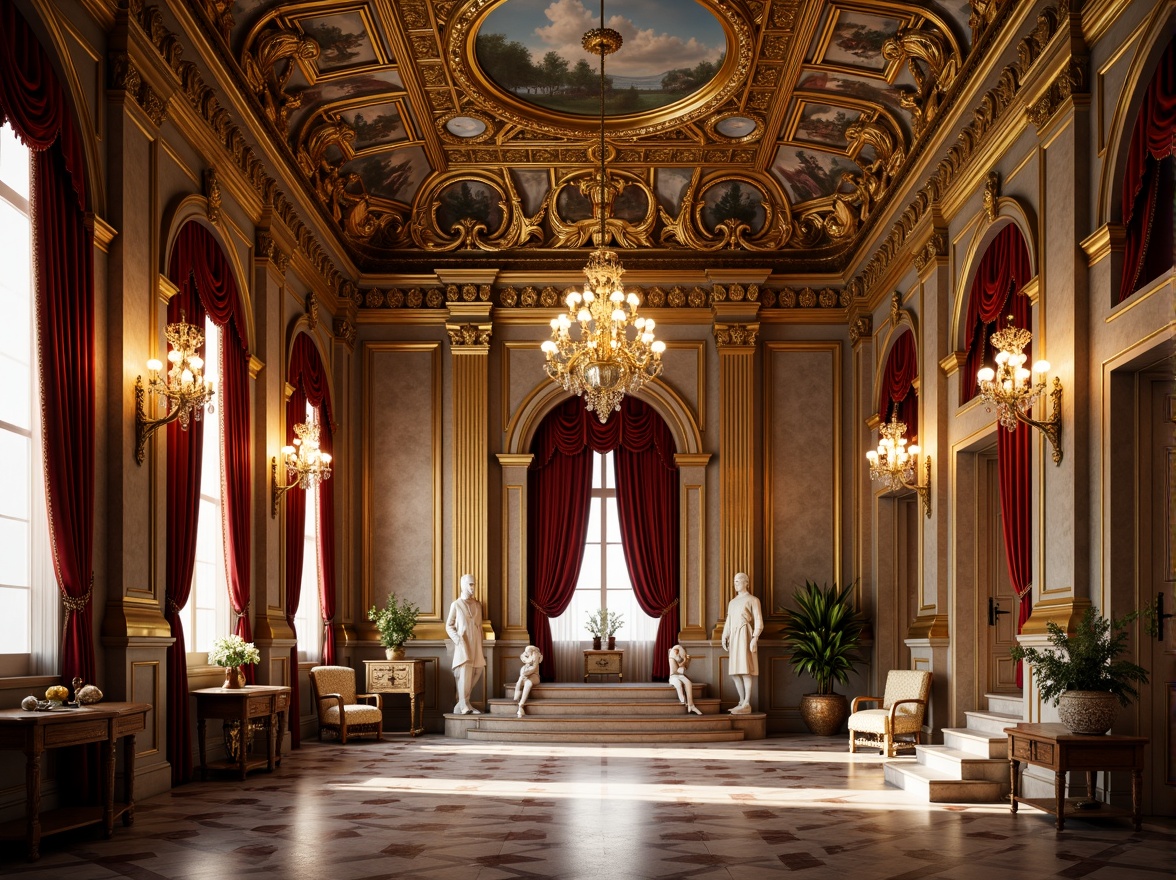 Prompt: Opulent palace interior, grandiose chandeliers, intricate golden moldings, lavish velvet drapes, ornate fresco ceilings, richly patterned marble floors, gilded furnishings, elaborate carvings, statuesque figures, majestic archways, sweeping staircases, dramatic lighting effects, warm candlelight glow, soft focus blur, 1/2 composition, romantic atmosphere, highly detailed textures, realistic material reflections.