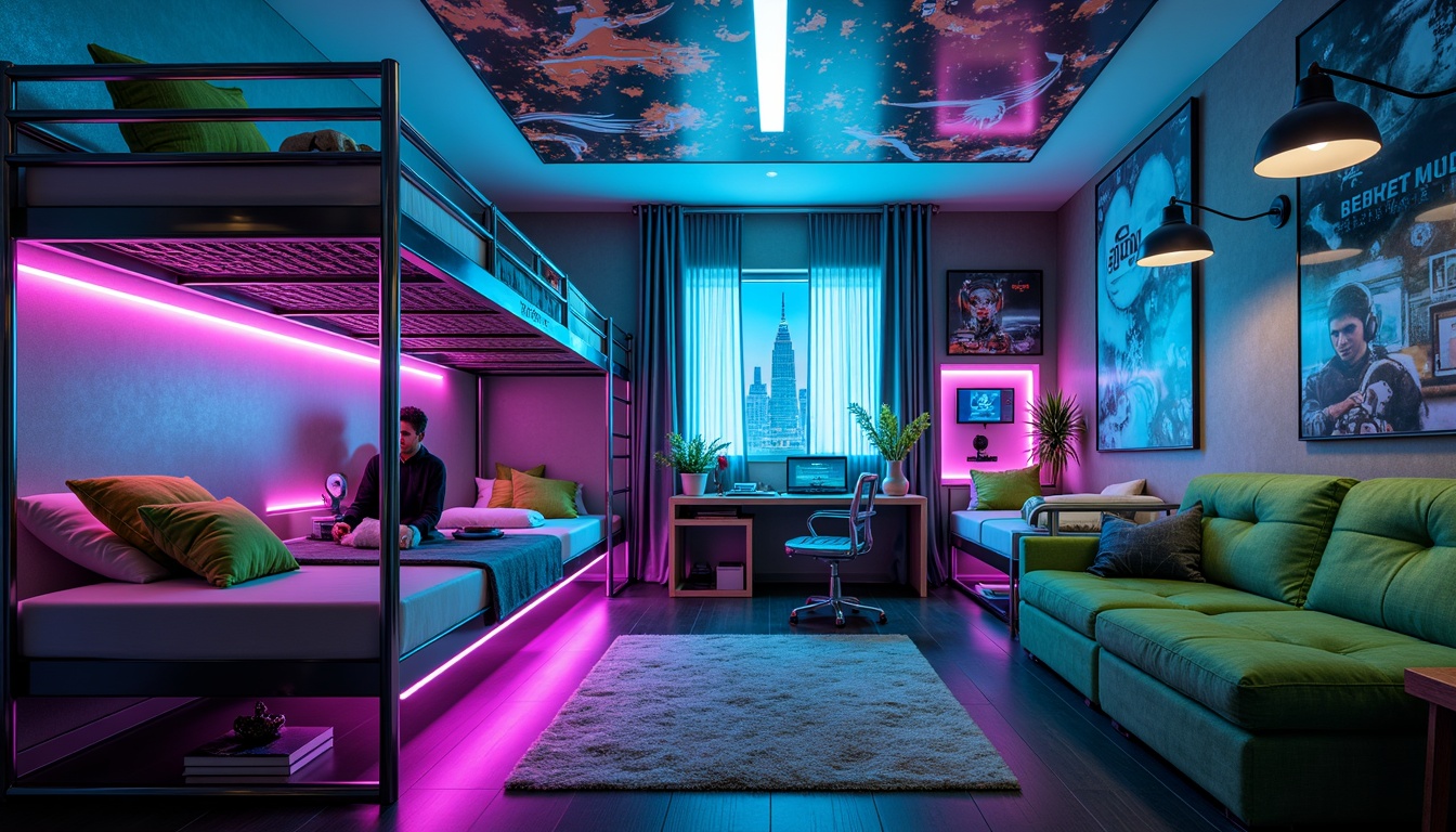 Prompt: Neon-lit dorm room, futuristic bunk beds, metallic frames, glowing LED strips, holographic accents, iridescent curtains, electric blue walls, neon green furniture, chrome-plated decor, geometric patterns, 3D-printed accessories, high-tech gadgets, virtual reality setups, cyberpunk-inspired art, retro-futuristic posters, neon-lit cityscape views, starry night skies, atmospheric fog effects, cinematic lighting, shallow depth of field, 1/2 composition.