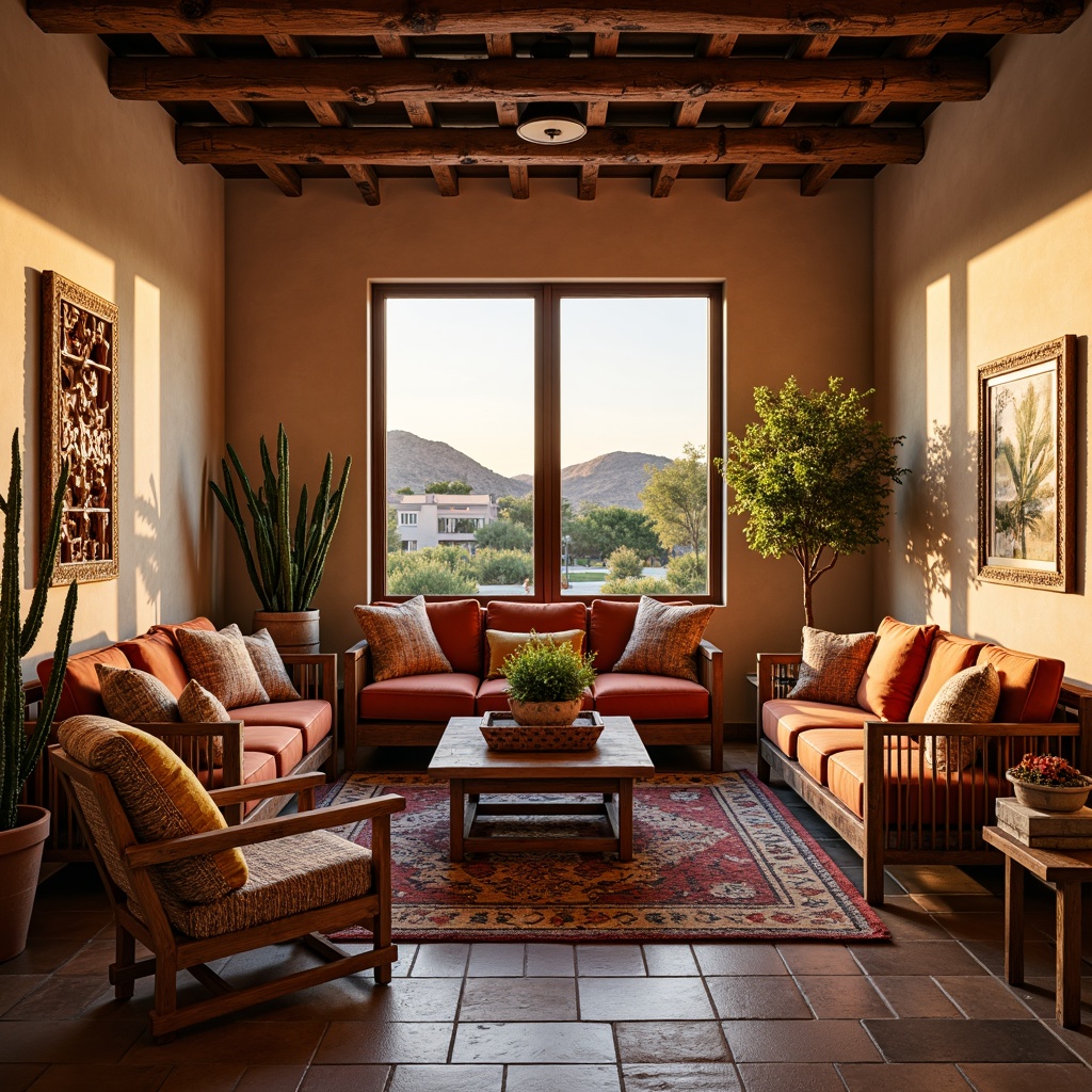 Prompt: Southwestern-style living room, earthy tones, rustic wooden furniture, plush velvet sofas, woven wicker chairs, vibrant colorful throw pillows, geometric patterned rugs, natural stone flooring, reclaimed wood accents, potted cacti plants, warm desert sunset lighting, shallow depth of field, 3/4 composition, realistic textures, ambient occlusion.