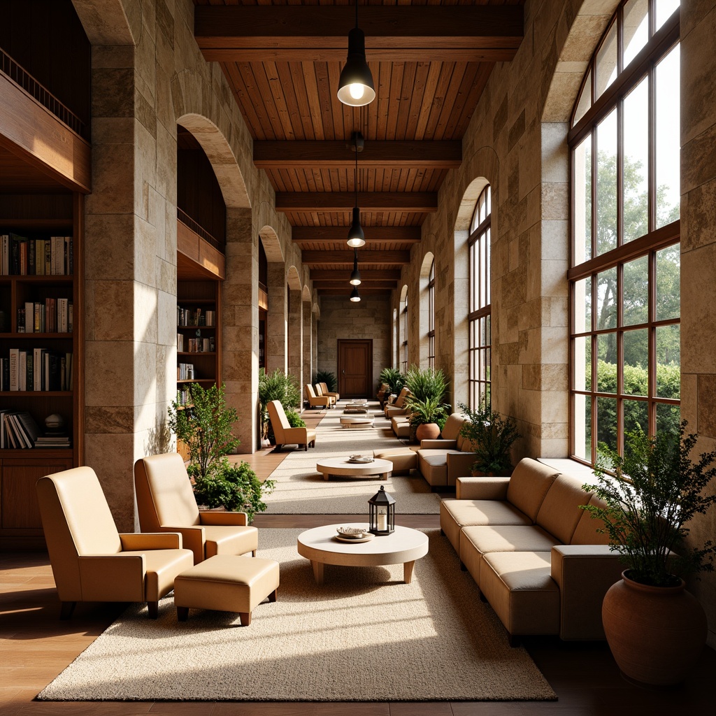 Prompt: Earth-toned university buildings, rustic stone walls, wooden accents, cozy reading nooks, plush armchairs, warm beige carpets, rich wood paneling, vintage metal lanterns, distressed leather sofas, natural fiber rugs, earthy terracotta pots, lush greenery, soft warm lighting, shallow depth of field, 3/4 composition, realistic textures, ambient occlusion.