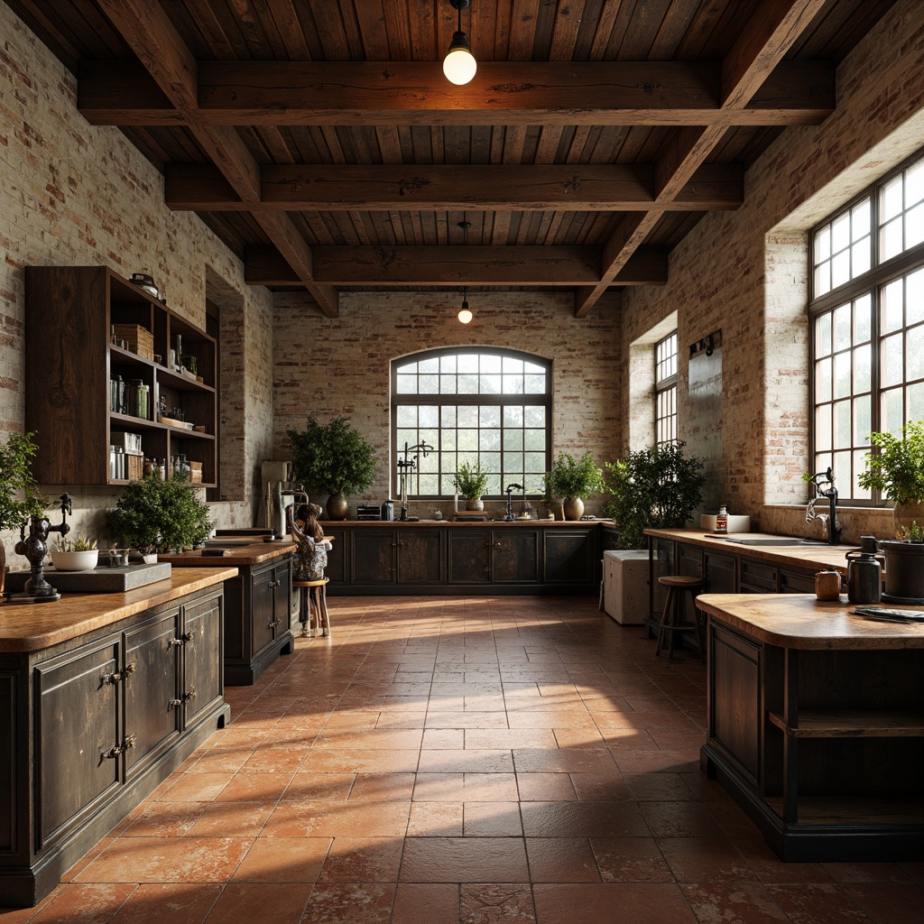 Prompt: Rustic laboratory interior, Terrazzo flooring, earthy brown tones, industrial-style metal cabinets, wooden workbenches, vintage scientific equipment, distressed brick walls, large windows, natural light, warm color palette, soft shadows, shallow depth of field, 1/2 composition, realistic textures, ambient occlusion, traditional architectural details, ornate moldings, antique fixtures.