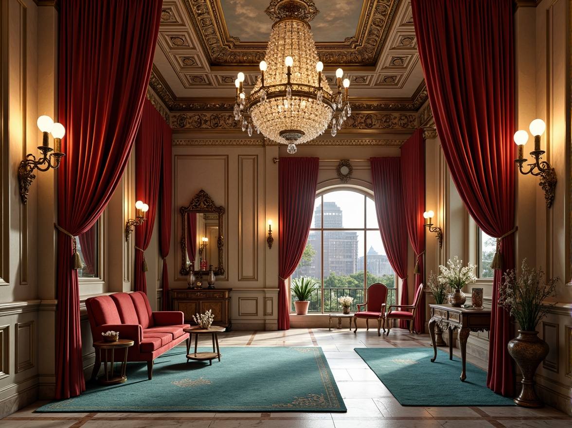 Prompt: Rich velvet drapes, ornate gold accents, luxurious marble floors, intricate fresco ceilings, lavish crystal chandeliers, warm beige walls, regal red upholstery, opulent turquoise rugs, dramatic black and white contrasts, soft candlelight, ornate mirrors, antique furniture pieces, grandiose proportions, symmetrical compositions, high-contrast lighting, 1/2 composition, atmospheric perspective, intricate textures, realistic reflections.