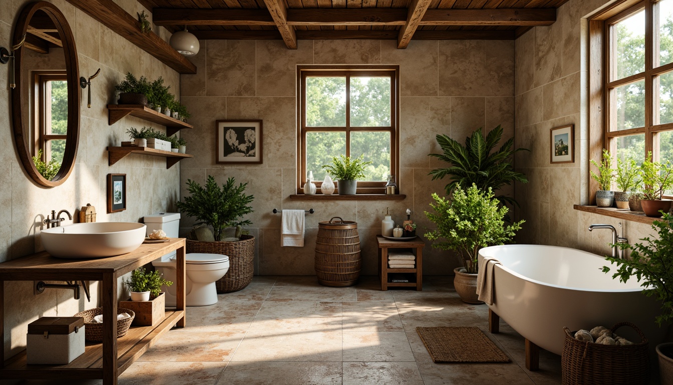 Prompt: Earthy bathroom, rustic charm, natural stone walls, wooden accents, vintage fixtures, woven baskets, potted plants, earthy tones, moss green, sandy beige, weathered wood, distressed finishes, soft warm lighting, shallow depth of field, 3/4 composition, cozy atmosphere, organic textures, nature-inspired patterns, botanical illustrations, antique metalware, worn brick floors, reclaimed wood shelves.